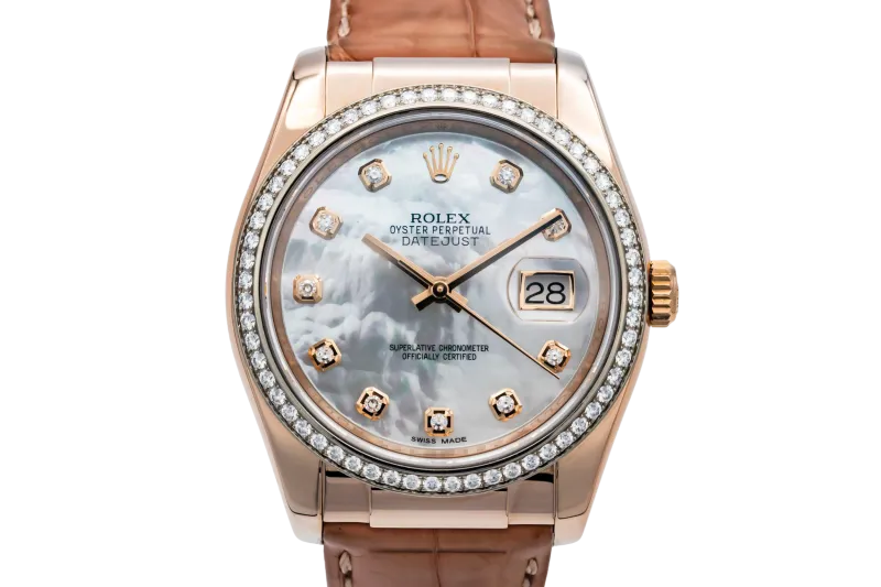 Rolex DateJust 36mm 18ct Rose Gold Brown Leather 116185 2016
