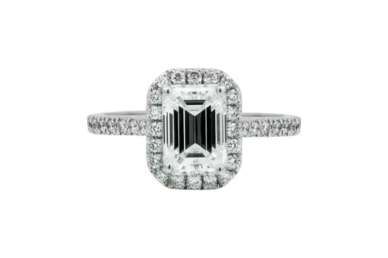 18ct White Gold Emerald Diamond Halo Engagement Ring 1.70ct GIA Certified