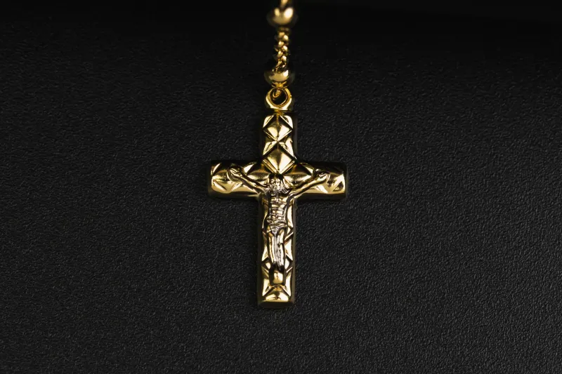14ct Yellow Gold Rosary Bead Cross Station Necklace