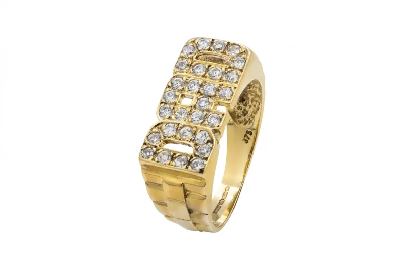 9ct Yellow Gold Cubic Zirconia Dad Ring 5.1g