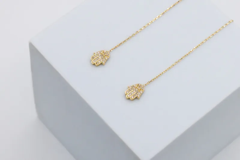 14ct Yellow Gold Pull Through Cubic Zirconia Hamsa Earring 2g