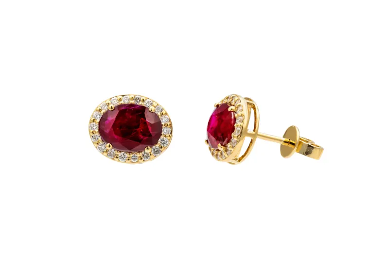 18ct Yellow Gold Diamond & Oval Ruby Stud Earrings 0.30ct