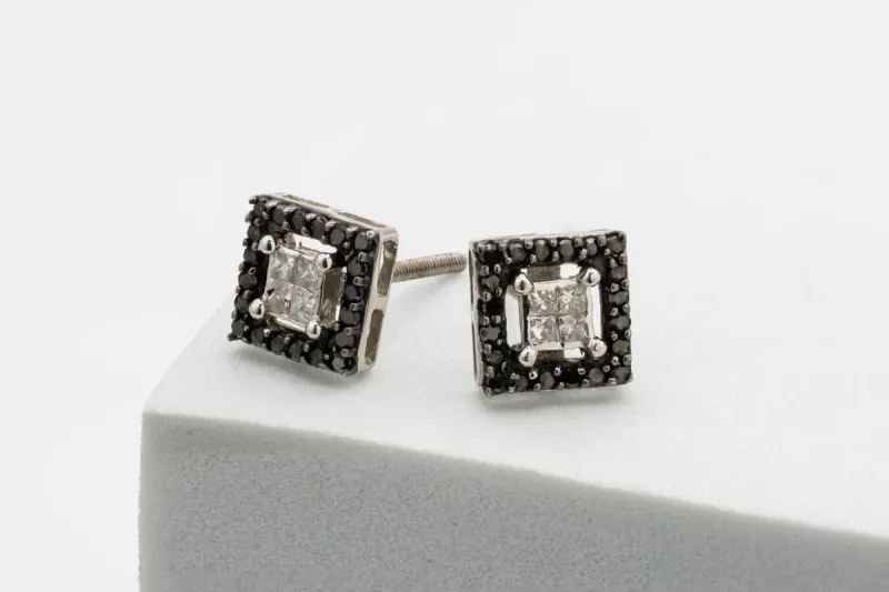 9ct White Gold Black & White Diamond Stud Earrings 0.35ct 2g