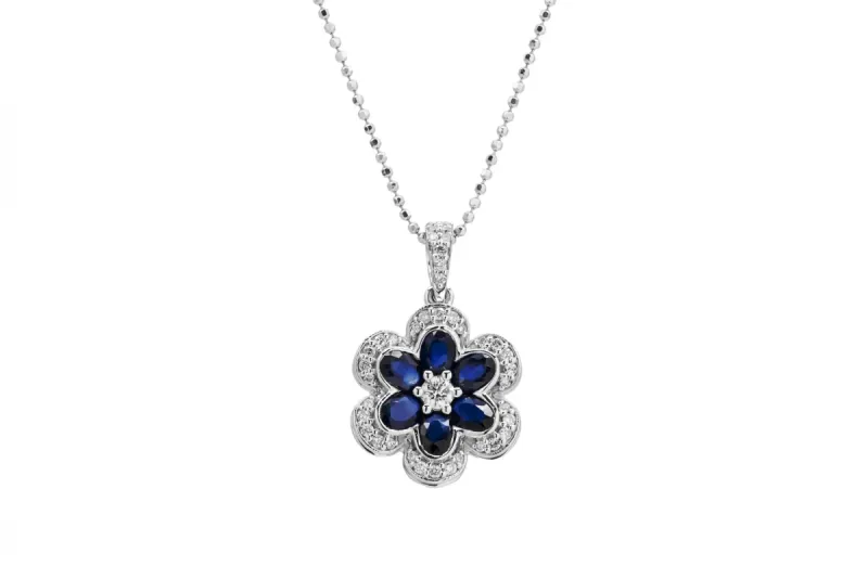 18ct White Gold Sapphire & Round Brilliant Diamond Flower Jewellery Set