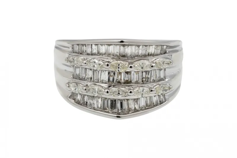 14ct White Gold Baguette & Marquise Cut Diamond Statement Ring 1.25ct