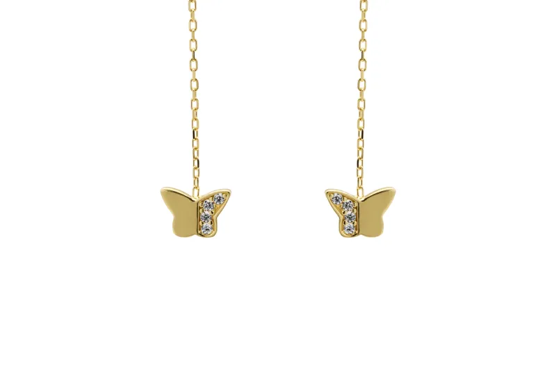 9ct Yellow Gold Pull Through Cubic Zirconia Butterfly Earrings 1.22g