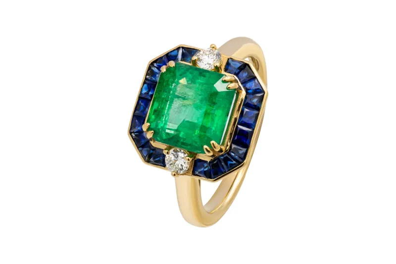 8ct Yellow Gold Asscher Cut Emerald Diamond & Sapphire Ring 3.36ct 5.98g