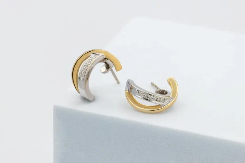 14ct Yellow & White Gold Diamond Cross Over Half Hoop Earrings 0.15ct