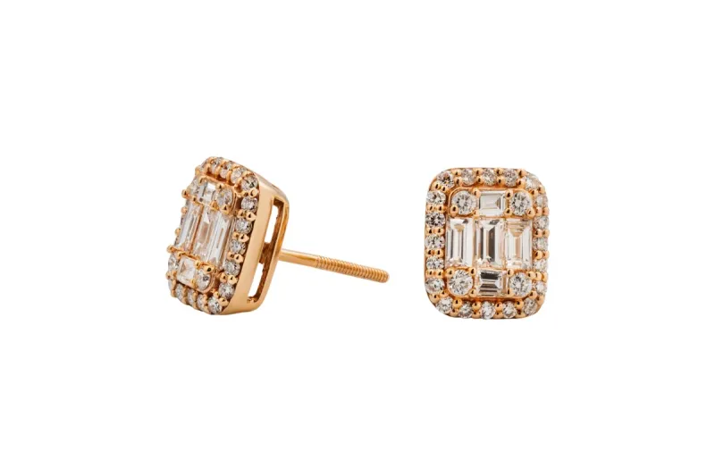 9ct Rose Gold Diamond Stud Earrings with Baguette Centre 0.71ct
