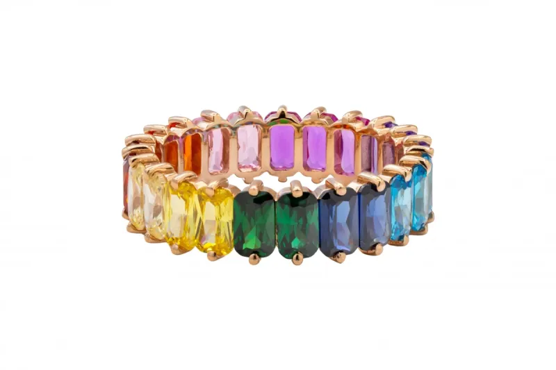 18ct Rose Gold Emerald Cut Rainbow Sapphire Full Eternity Ring