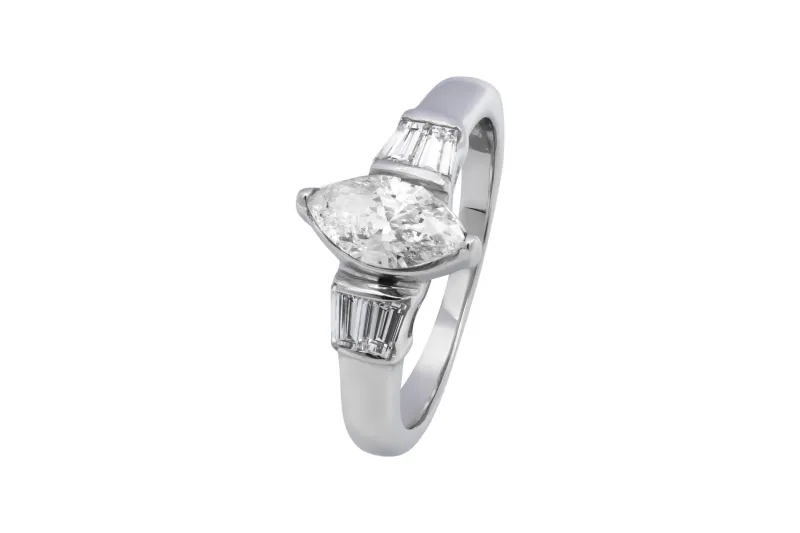 14ct White Gold Marquise & Baguettes Engagement Ring 1.00ct