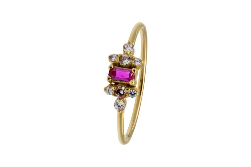 14ct Yellow Gold Emerald and Brilliant Cut Pink and White Cubic Zirconia Ring 1.20g