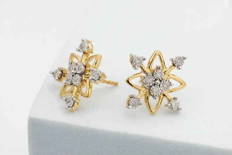 14ct Yellow Gold Snowflake Diamond Stud Earrings 0.10ct