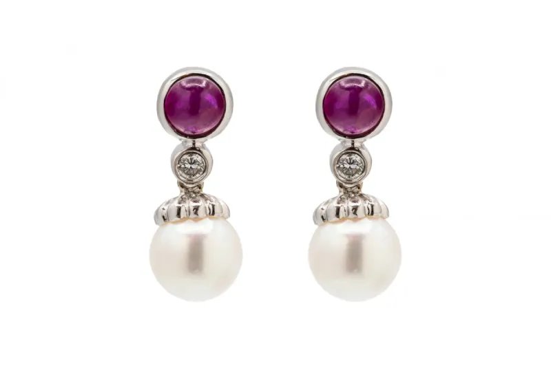 18ct White Gold Diamond, Ruby & Pearl Drop Down Stud Earrings 0.10ct