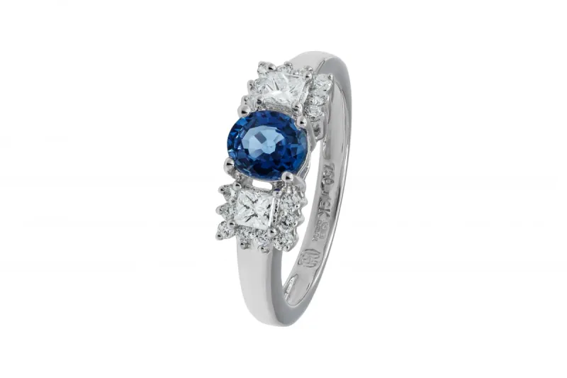 18ct White Gold Sapphire & Diamond Three Stone Ring 0.78ct