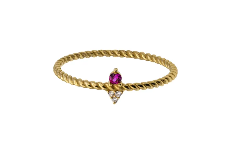 14ct Yellow Gold Pink & White Cubic Zirconia Two Stone Twist Ring Size O 0.9g