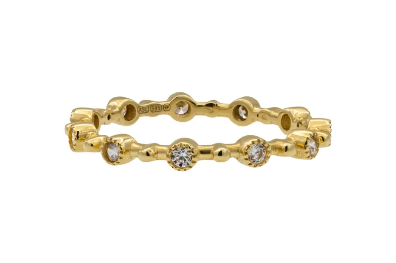 14ct Yellow Gold Full Brilliant Cut Cubic Zirconia Milgrain Rub Over Eternity Ring 1.60g