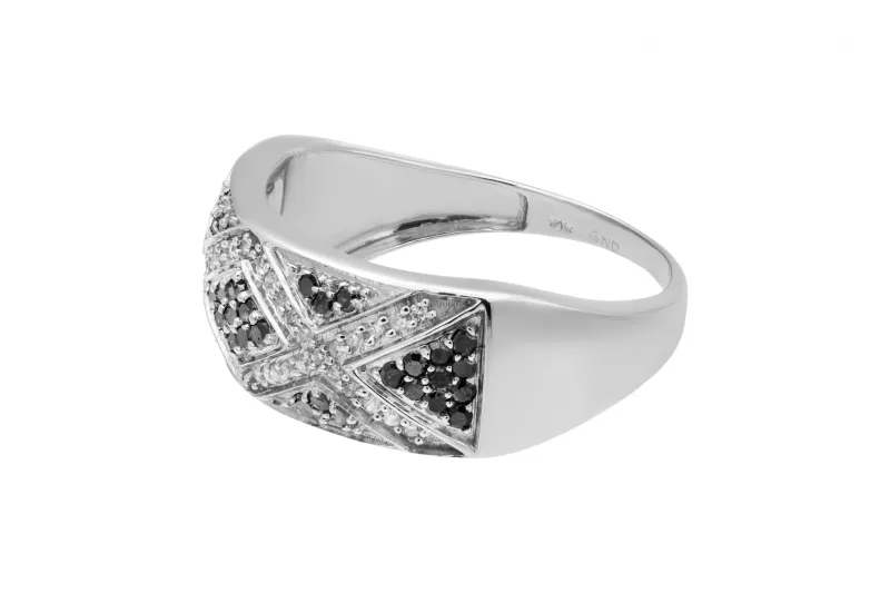 9ct White Gold Black & White Diamond Cross Patterned Ring 0.15ct 3.1g