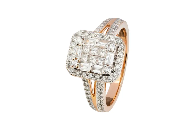 18ct Rose Gold Princess, Baguette & Round Brilliant Diamond Engagement Ring 1.74ct