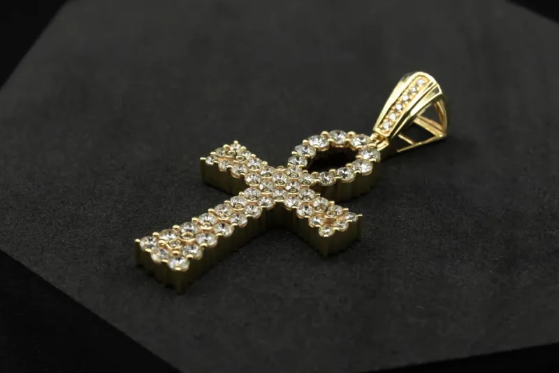14ct Yellow Gold Diamond Ankh Cross Pendant Pavé Set 3.75ct