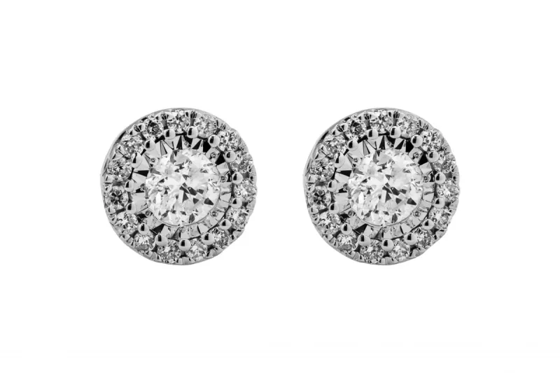 9ct White Gold Diamond Halo Stud Earrings 0.88ct