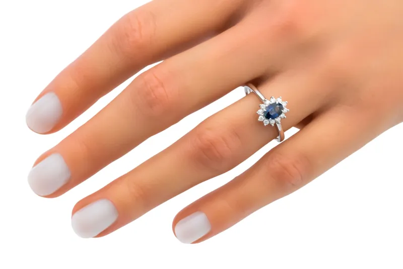 18ct White Gold Sapphire Diamond Halo Ring