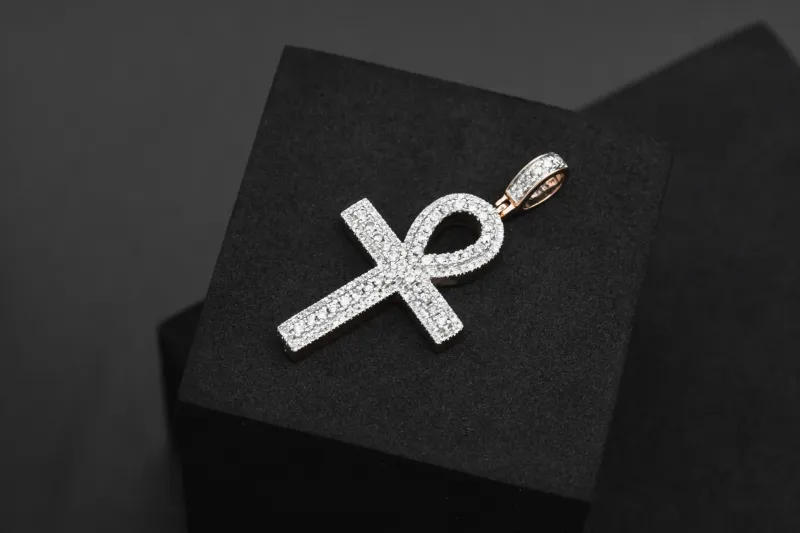 9ct Rose Gold Natural Diamond Ankh Pendant 0.69ct G VS 40mm