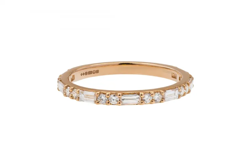 18ct Rose Gold Baguette & Round Brilliant Diamond Wedding Band 0.66ct