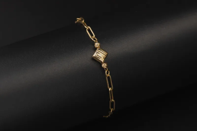 14ct Yellow Gold Geometric Mixed Chain Cubic Zirconia Bracelet 8" 2.1g