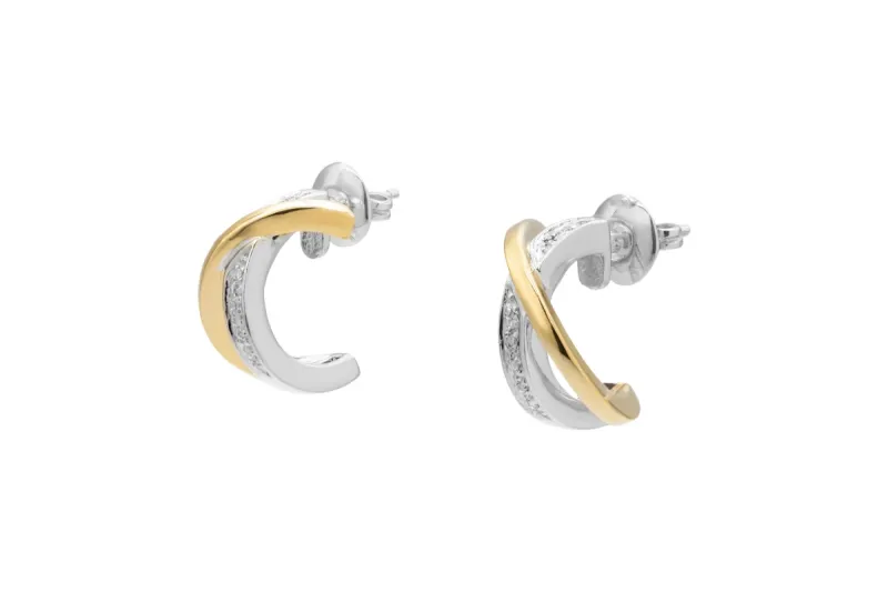 14ct Yellow & White Gold Diamond Cross Over Half Hoop Earrings 0.15ct