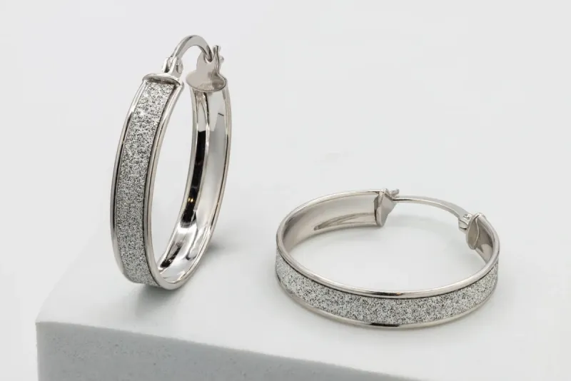 9ct White Gold Iced Texture Hoop Earrings 1.7g