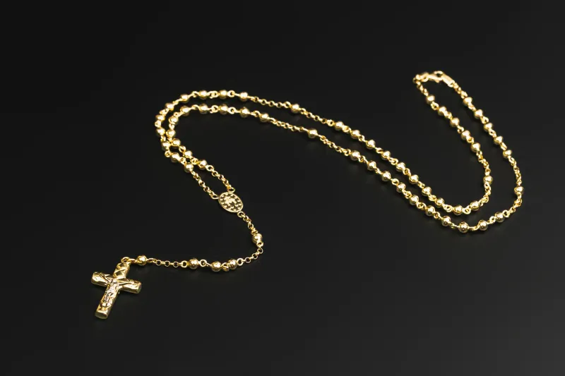 14ct Yellow Gold Rosary Bead Cross Station Necklace