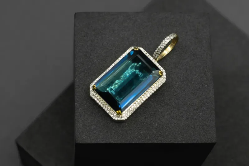 9ct Yellow Gold Double Diamond Halo Blue Stone Pendant
