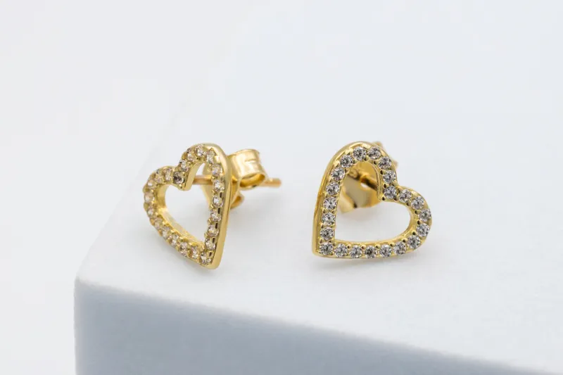 9ct Yellow Gold Large Cubic Zirconia Heart Stud Earrings 1.2g