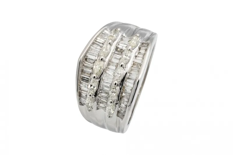 14ct White Gold Baguette & Marquise Cut Diamond Statement Ring 1.25ct