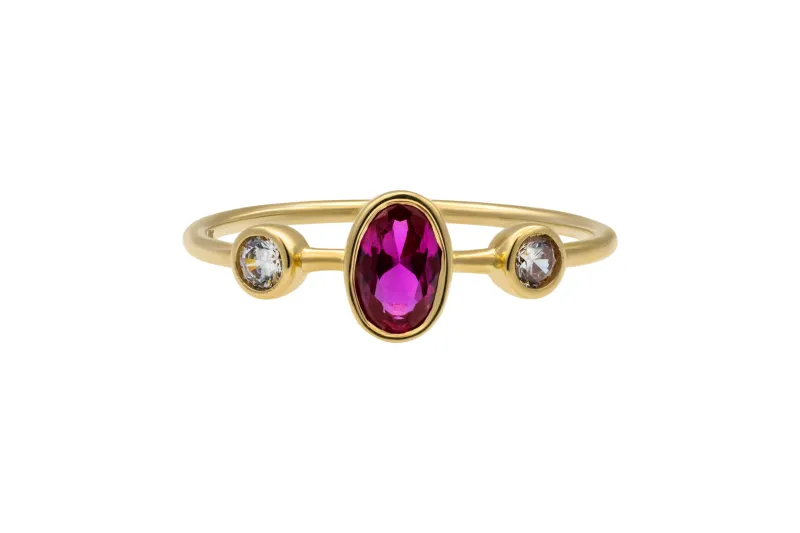14ct Yellow Gold Pink Oval & White Cubic Zirconia Three Stone Ring Size P 1.5g