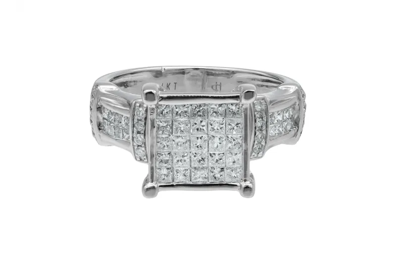 14ct White Gold Diamond Princess & Round Cut Pave Ring 1.48ct 5.8g