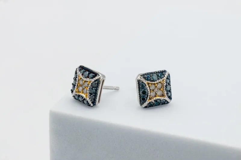 9ct White Gold Square White & Blue Diamond Stud Earrings 0.30ct
