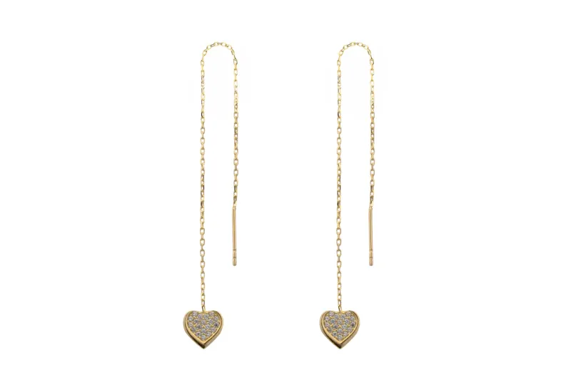 9ct Yellow Gold Pull Through Cubic Zirconia Heart Earrings 1.55g