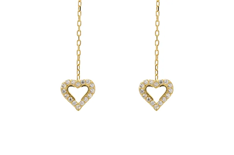 9ct Yellow Gold Pull Through Brilliant Cubic Zirconia Heart Earrings 1.29g