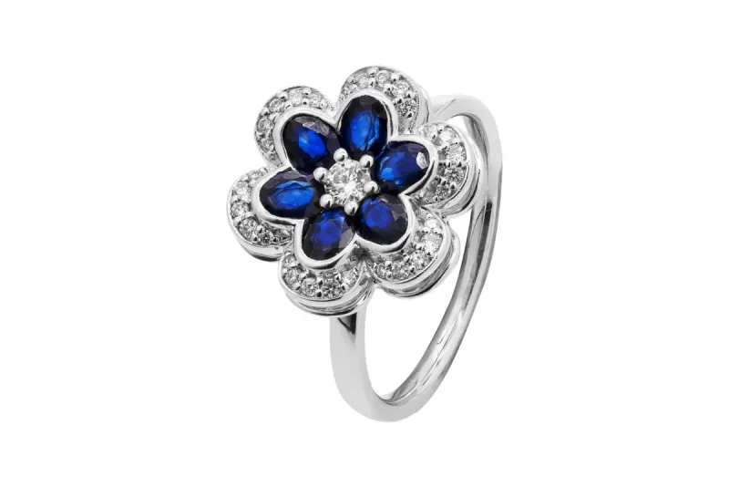 18ct White Gold Sapphire & Round Brilliant Diamond Flower Jewellery Set