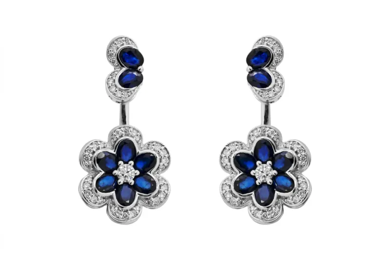18ct White Gold Sapphire & Round Brilliant Diamond Flower Jewellery Set
