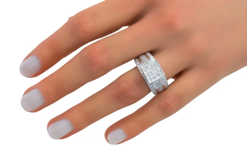 14ct White Gold Multi Cut Diamond Square Mens Ring 2.70ct