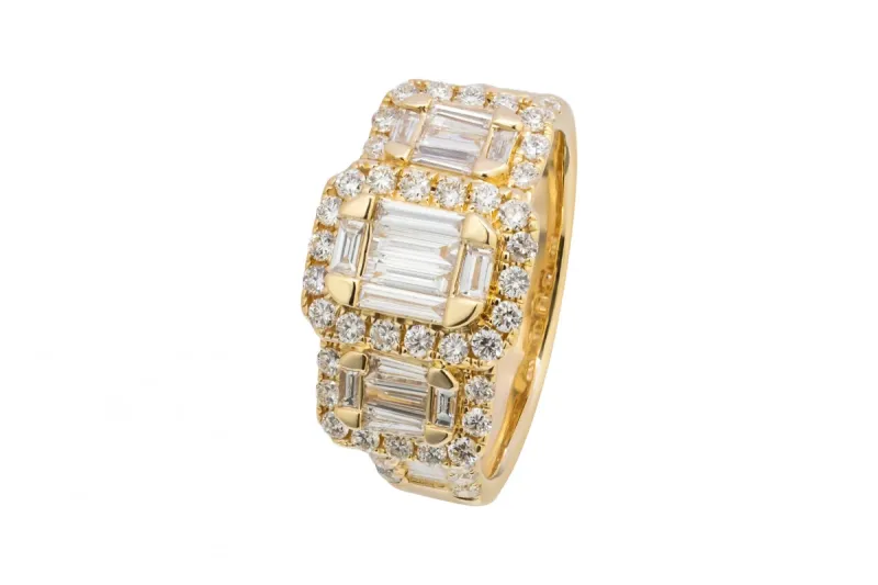 18ct Yellow Gold Baguette & Round Brilliant Diamond Trilogy Ring 1.40ct