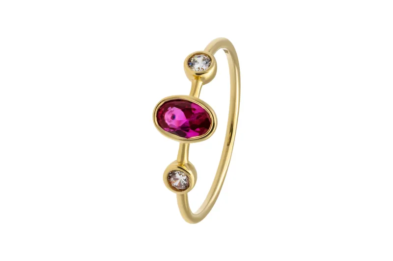 14ct Yellow Gold Pink Oval & White Cubic Zirconia Three Stone Ring Size P 1.5g