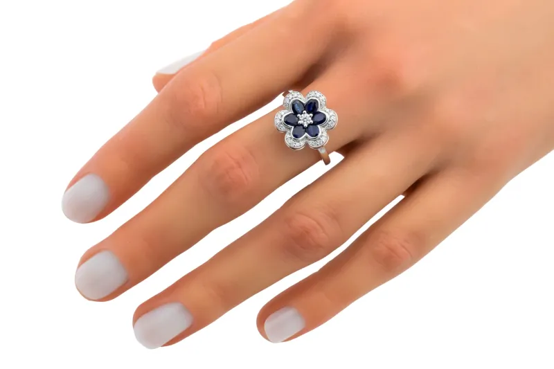 18ct White Gold Sapphire & Round Brilliant Diamond Flower Jewellery Set