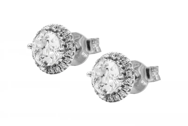 18ct White Gold Round Diamond Halo Stud Earrings 1.05ct