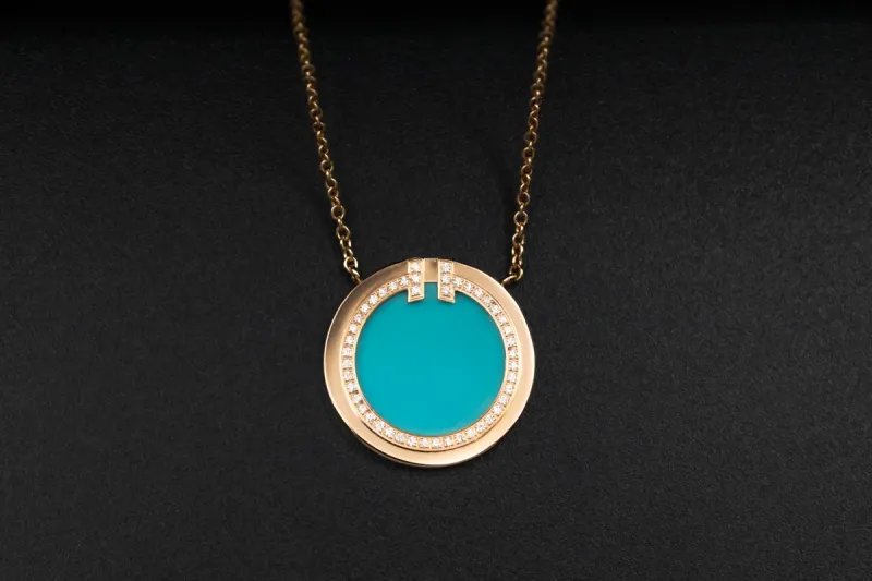 Tiffany & Co Diamond & Turquoise Circle Pendant Necklace 0.05ct