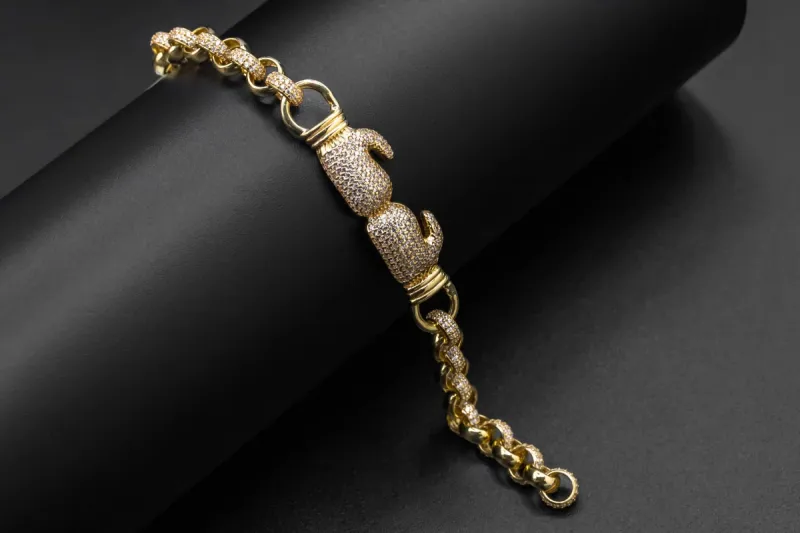 9ct Yellow Gold Kids Belcher Bracelet with CZ Boxing Glove Charm 18.8g