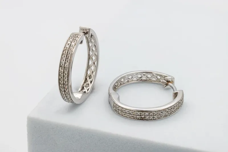 9ct White Gold Diamond Hoop Earrings 3.5g